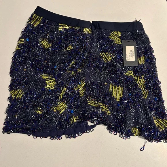 NWT DEREK LAM Beaded Embellished Ruched Mini Skirt in Navy and Green - Picture 7 of 9